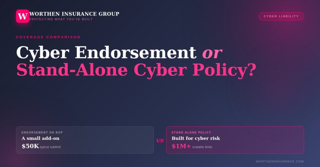 Worthen Insurance Group coverage comparison graphic showing a cyber endorsement on a BOP with a $50,000 typical sublimit versus a stand-alone cyber policy with $1 million-plus scalable limits.