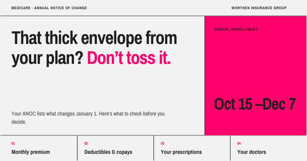 Blog graphic reading “That thick envelope from your plan? Don’t toss it.” with Medicare Annual Enrollment dates Oct 15 - Dec 7.